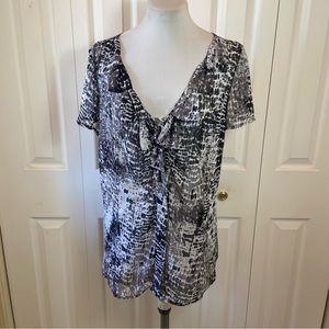Worthington Blur Out Print Cap Sleeve Ruffle Front Sheer Blouse Top sz 1X